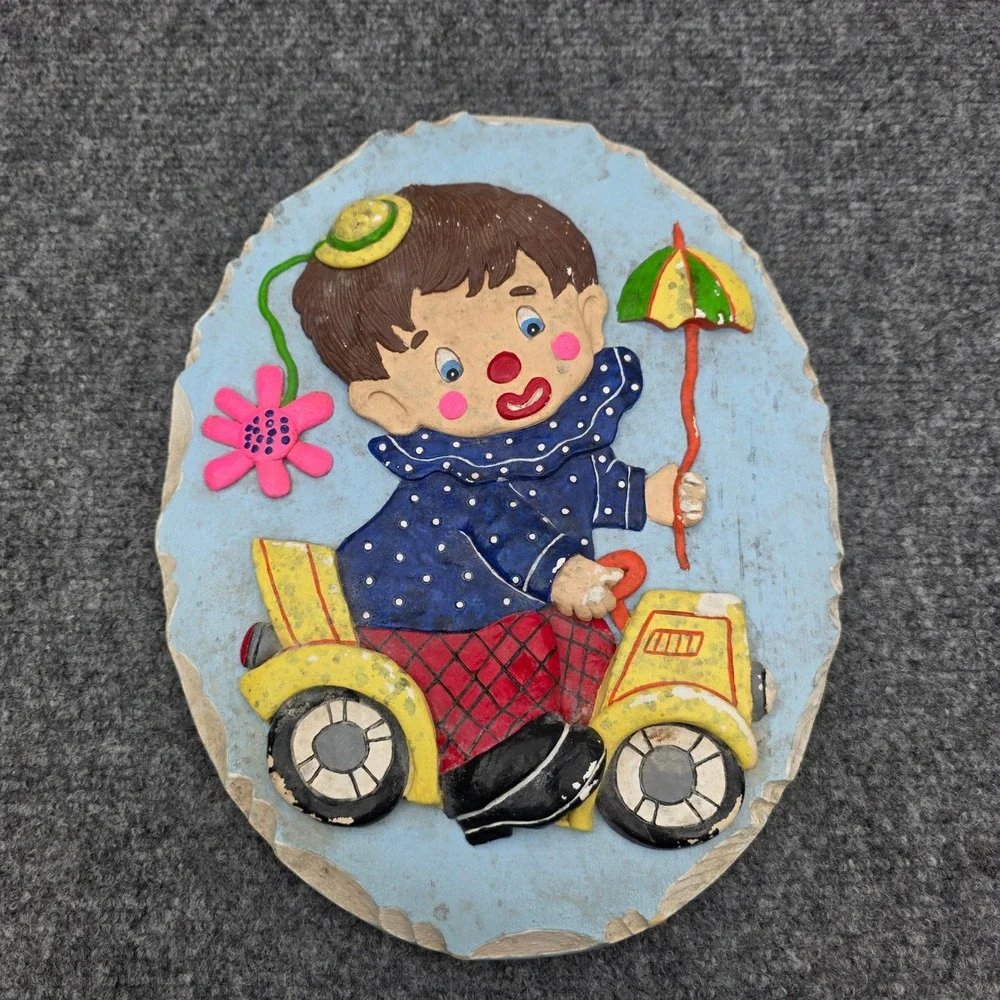 Vintage Chalkware Clown Wall Plaque Boy on Scooter Umbrella Flower‎ 3D Art 11